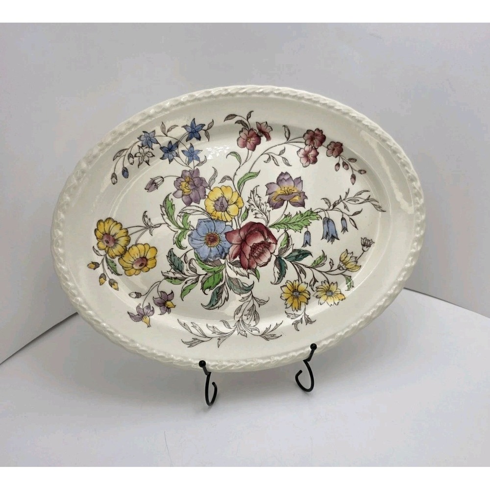 VTG Vernon Kilns May Flower Hand Painted Chintz 13.5" Oval Serving Platter USA